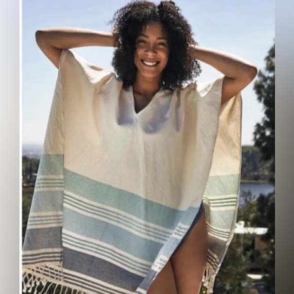 tribe alive Other - Tribe Alive Womens Size OS Cream & Blue Striped Fringe Poncho Beach Coverup